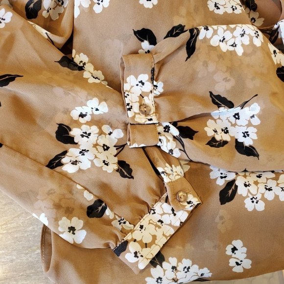 Sanctuary Long Sleeve Neutral Floral Blouse Sheer‎ Sleeves Camel Tan Sz Small - Picture 5 of 8